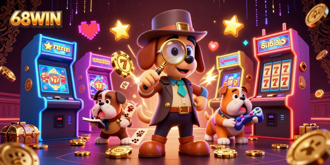 Experience thrilling gameplay at 68WIN with a cartoon detective examining poker clues in a vibrant casino.