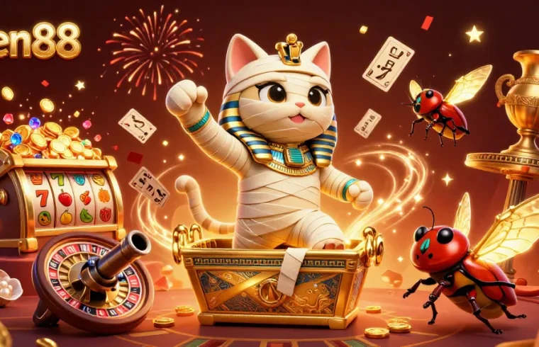 Experience thrilling gaming at open88 with an Egyptian mummy cat and a scarab beetle bringing luck in a vibrant casino scene.