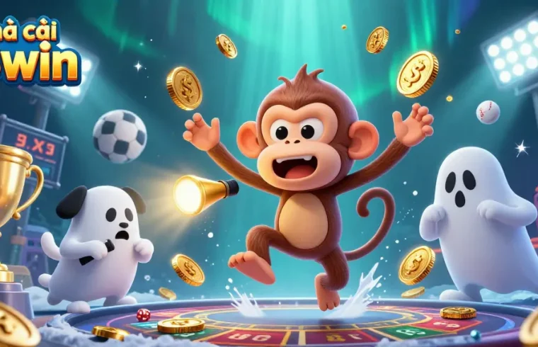 Experience the exciting world of nhà cái 33win with a playful ghost monkey juggling golden chips amidst vibrant casino elements.