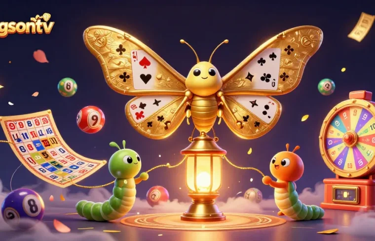 Engage with luongsontv through this vibrant illustration featuring a grand moth amidst colorful gambling elements.