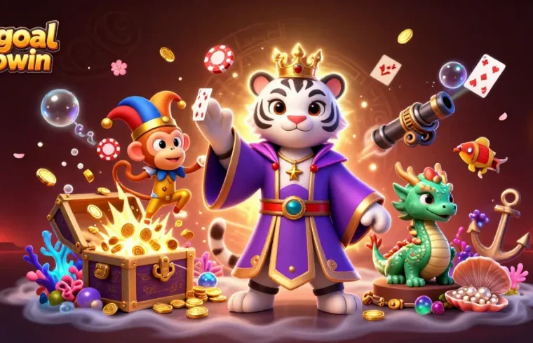 Engage with Idngoal Topwin in a vibrant, dynamic 3D casino scene filled with thrilling elements.