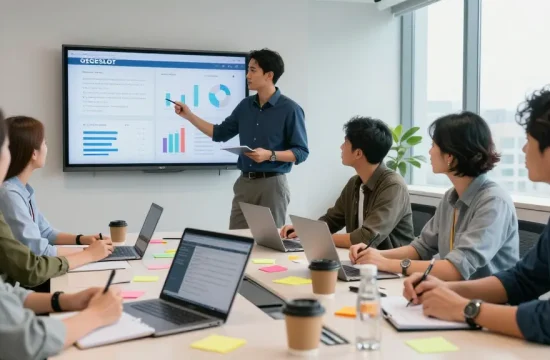Tim profesional mendiskusikan strategi GEGESLOT dengan analitik di layar presentasi.