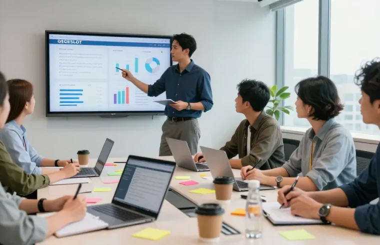 Tim profesional mendiskusikan strategi GEGESLOT dengan analitik di layar presentasi.