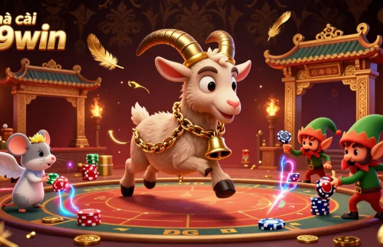 Experience the lively scenes at nhà cái 789win with a festive Krampus goat and playful gremlins in a bustling casino.