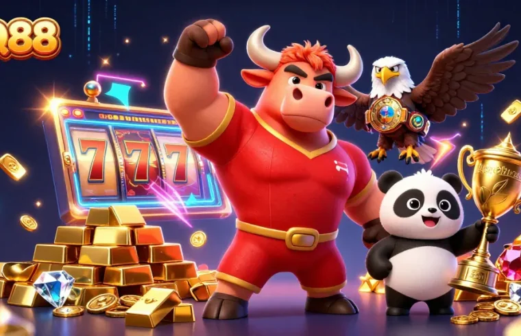 Play exciting slots with QQ88, featuring a dynamic scene of casino characters celebrating big wins!