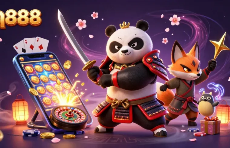 Win big with qq888 while enjoying a vibrant 3D casino scene featuring samurai panda and ninja fox.