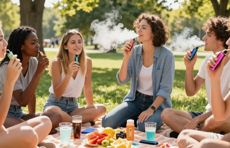 Group of young adults enjoying top disposable vapes in USA at a sunny park picnic.